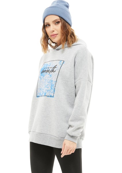 Kapüşonlu Baskılı Üç Iplik Kadın Sweatshirt Gri ZN5026 indirimleri