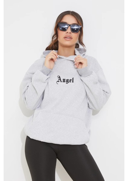 Baskılı Kapüşonlu Kadın Sweatshirt Gri ZN5002