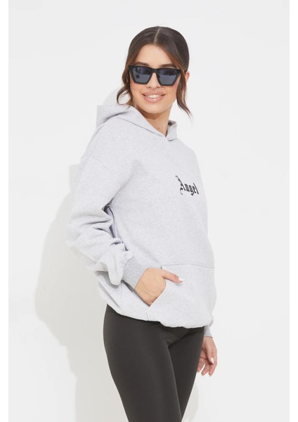 Baskılı Kapüşonlu Kadın Sweatshirt Gri ZN5002