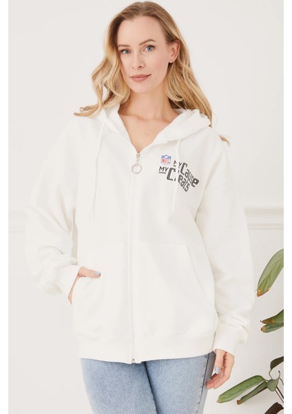 Kanguru Cep Fermuarlı Kadın Sweatshirt Ekru ZN5025