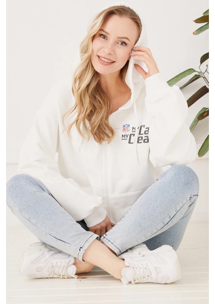 Kanguru Cep Fermuarlı Kadın Sweatshirt Ekru ZN5025