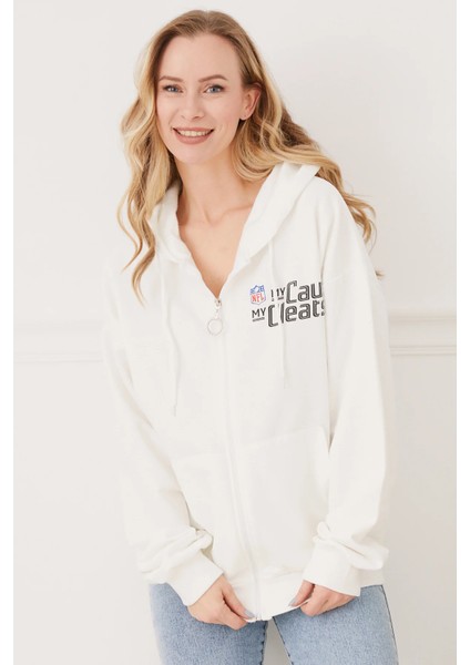Kanguru Cep Fermuarlı Kadın Sweatshirt Ekru ZN5025
