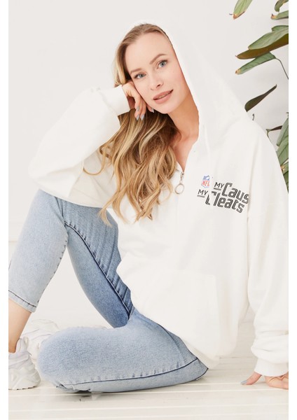 Kanguru Cep Fermuarlı Kadın Sweatshirt Ekru ZN5025