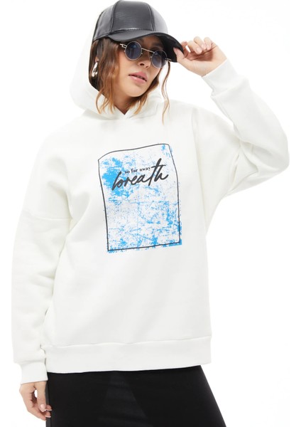 Kapüşonlu Baskılı Üç Iplik Kadın Sweatshirt Ekru ZN5026
