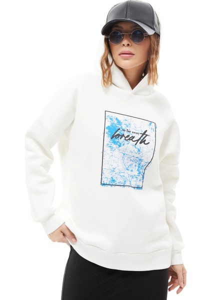 Kapüşonlu Baskılı Üç Iplik Kadın Sweatshirt Ekru ZN5026 modelleri