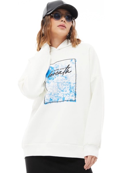 Kapüşonlu Baskılı Üç Iplik Kadın Sweatshirt Ekru ZN5026 fırsatları