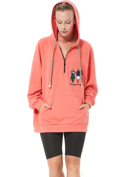 Fermuar Detay Baskılı Oversize Kadın Sweatshirt Somon ZN5022