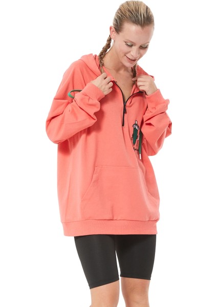 Fermuar Detay Baskılı Oversize Kadın Sweatshirt Somon ZN5022 fiyatları