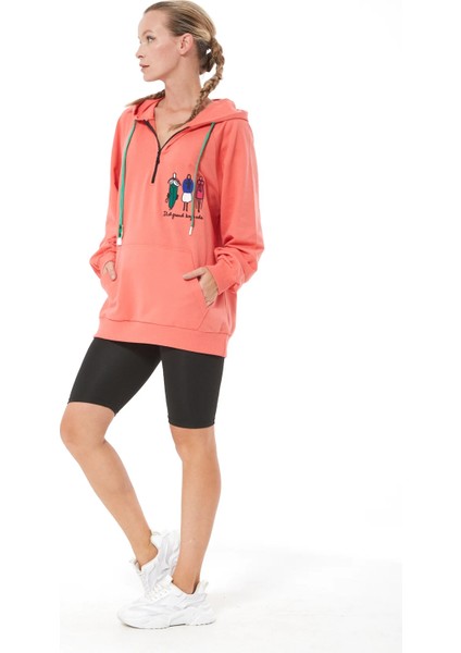 Fermuar Detay Baskılı Oversize Kadın Sweatshirt Somon ZN5022 fırsatları
