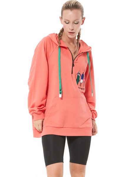 Fermuar Detay Baskılı Oversize Kadın Sweatshirt Somon ZN5022 indirimleri