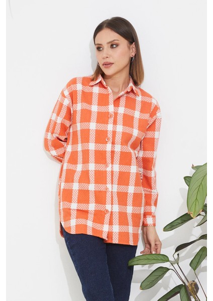 Ekose Desen Kadın Gömlek Turuncu ZN5019 modelleri