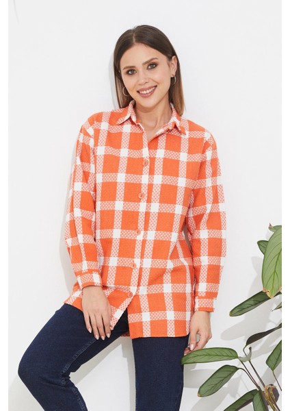 Ekose Desen Kadın Gömlek Turuncu ZN5019 fırsatları