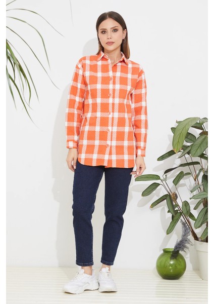 Ekose Desen Kadın Gömlek Turuncu ZN5019 indirimleri
