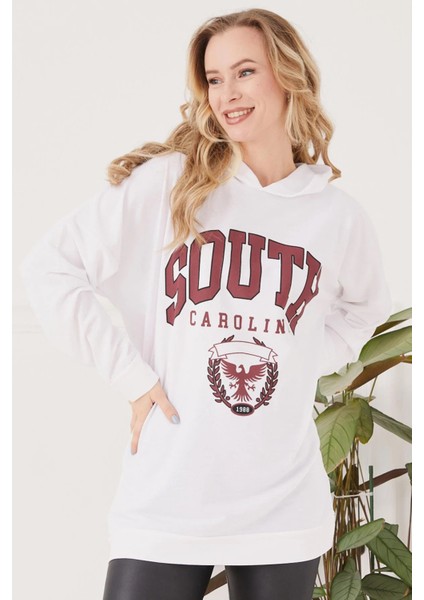 Kapüşonlu Oversize Kadın Sweatshirt Beyaz ZN5029 indirimleri