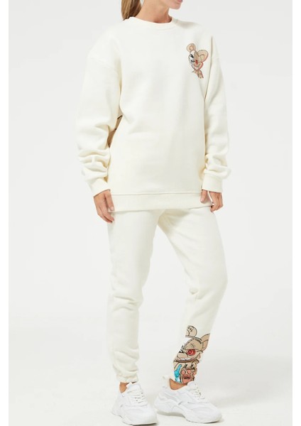 Baskılı Oversize Üç Iplik Kadın Eşofman Takımı Krem ZN5004