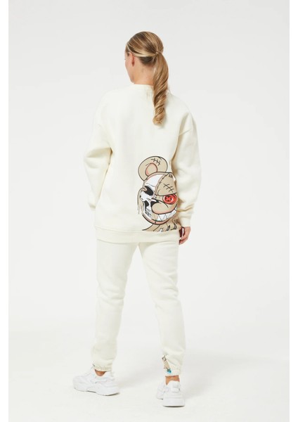 Baskılı Oversize Üç Iplik Kadın Eşofman Takımı Krem ZN5004 fiyatları