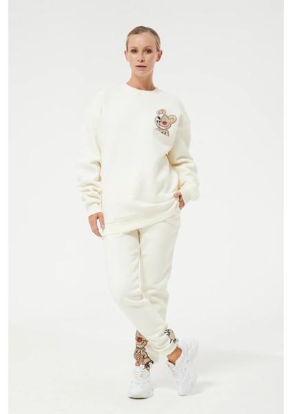 Baskılı Oversize Üç Iplik Kadın Eşofman Takımı Krem ZN5004 fırsatları