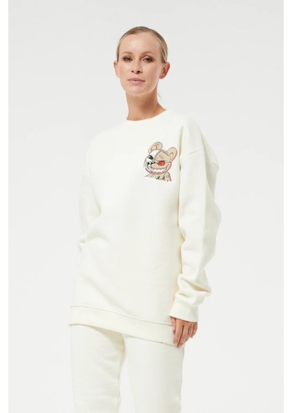 Baskılı Oversize Üç Iplik Kadın Eşofman Takımı Krem ZN5004 indirimleri