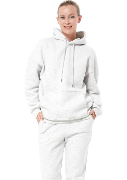 Kapüşonlu Üç Iplik Kadın Eşofman Takımı Gri ZN5031