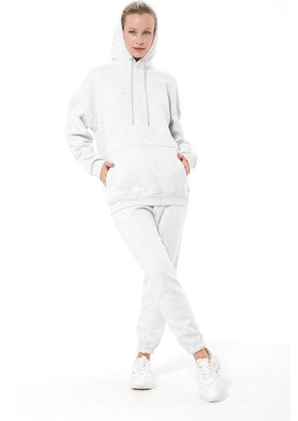 Kapüşonlu Üç Iplik Kadın Eşofman Takımı Gri ZN5031 fiyatları