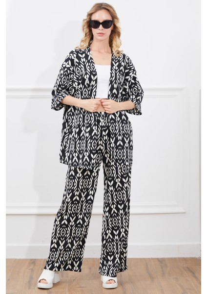 Desenli Kadın Ikili Kimono Takım Siyah ZN5018 indirimleri