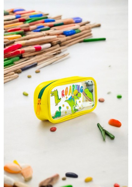 Sarı Renk Dino Desenli Şeffaf Su Geçirmez Tek Bölmeli Kalem Kutusu