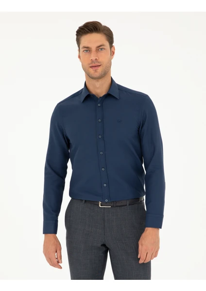 Pierre Cardin Erkek Lacivert Slim Fit Armürlü Uzun Kollu Gömlek 50298055-VR033