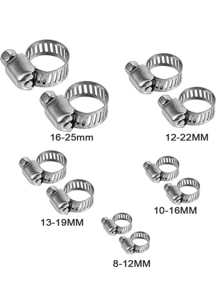 10 Farklı Ölçüde Hortum Kelepçesi ( 2'şer Adet 8-12MM, 10-16MM, 13-19MM, 12-22MM, 16-25 Mm) fiyatları