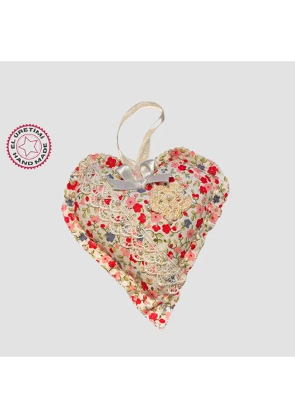 El Yapımı Kalpli Inci Dantelli Lavanta Tanecikli Kese 14CM - Kırmızı
