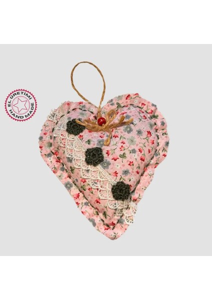 El Yapımı Kalpli Inci Dantelli Lavanta Tanecikli Kese 16CM - Pembe