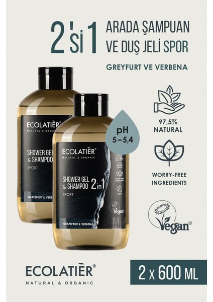 Erkek Saç ve Vücut Şampuanı 2'si 1 Arada Spor %97,5 Doğal Erkek Şampuanı ve Duş Jeli, 600 ml x 2 Set