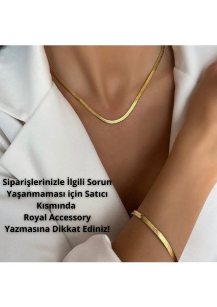 Altın Kadın Altın Kaplama Italyan Yassı Zincir Çelik Kolye ve Bileklik Seti 2'li Paslanmaz Çelik