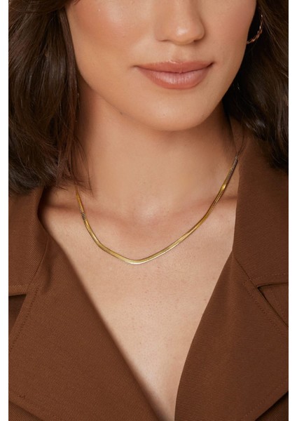 Sarı Kadın Italyan Yassı Zincir Kolye- Ithal Kararmaz Çelik Zincir Kolye Paslanmaz Çelik