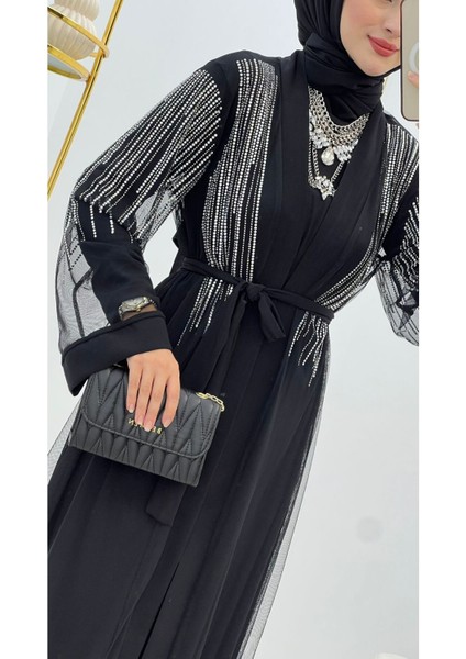 Iç Elbise ve Taş Detaylı Tül Abaya Kadın Ikili Takım