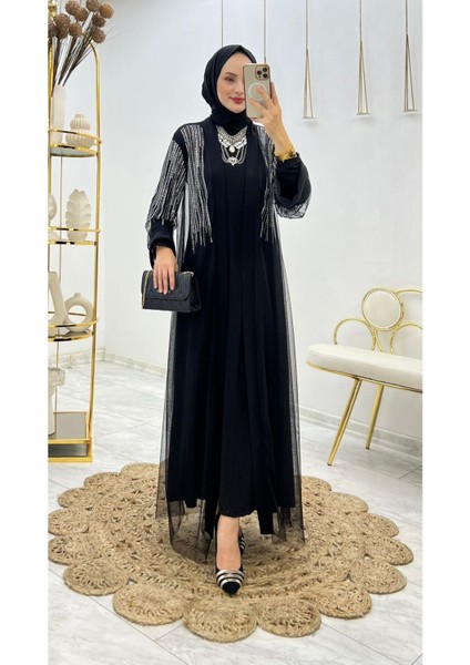 Iç Elbise ve Taş Detaylı Tül Abaya Kadın Ikili Takım fiyatları