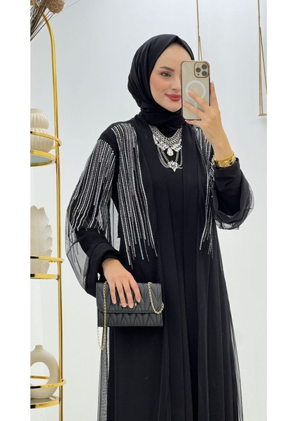 Iç Elbise ve Taş Detaylı Tül Abaya Kadın Ikili Takım modelleri