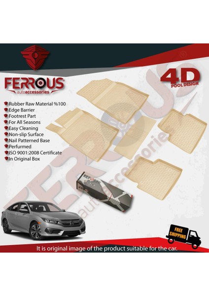 Honda Civic Sedan Refref 4d Havuzlu Kauçuk Paspas Bej 2016 ve Üstü modelleri