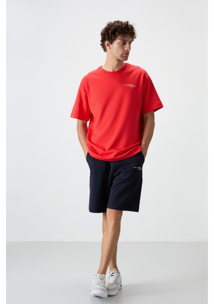 Fiesta - Lacivert Pamuklu Kalın Yumuşak Dokulu Oversize Fit Nakışlı Erkek Şort Takım - 85250