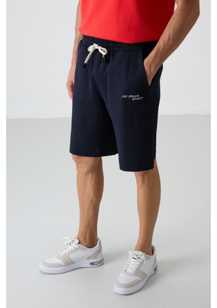 Fiesta - Lacivert Pamuklu Kalın Yumuşak Dokulu Oversize Fit Nakışlı Erkek Şort Takım - 85250