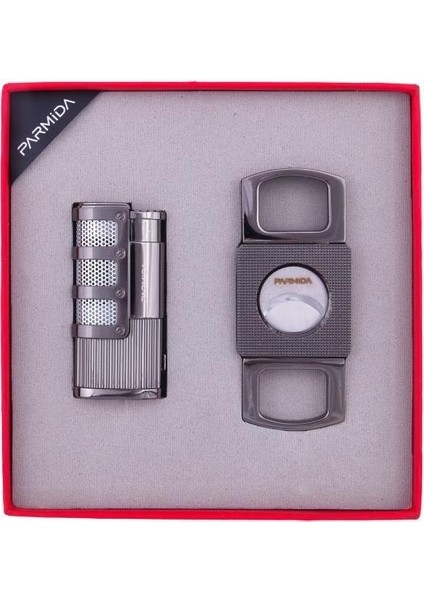 3 Torch Çakmak Kesici Ikili Gunmetal Puro Seti
