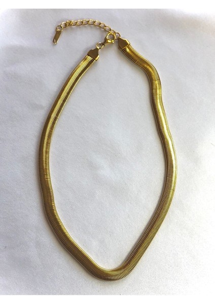 Çelik Gold Italyan Kalın Zincir Yassı Çelik Kolye Zirkon Altın