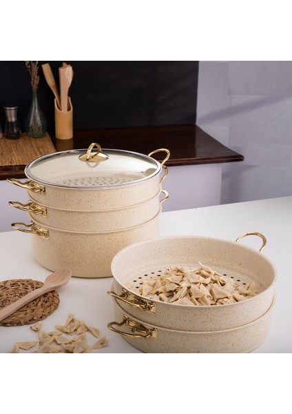 6 Parça 28 cm Cream Ezme Seri Buharlı Pişirici, Mantı Tencere Seti 5,9 Lt
