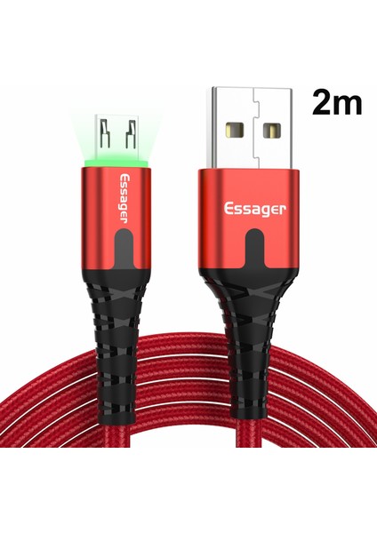Mikro Usb'den Usb'ye Naylon Örgülü Veri Senkronizasyon Şarj Kablosu, LED Göstergeli 2m-Kırmızı (Yurt Dışından)