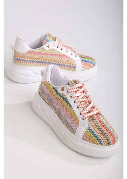 Mavis Beyaz - Renkli Kalın Tabanlı Hasır Detaylı Sneakers
