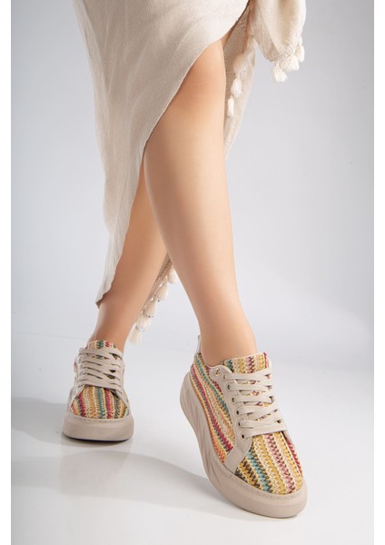 Mavis Krem - Renkli Kalın Tabanlı Hasır Detaylı Sneakers modelleri