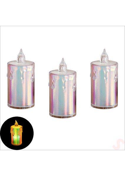Erimiş Mum Görünümlü,gökkuşağı Işıklı Pilli LED Mum, 8x3,6cmx3 Adet