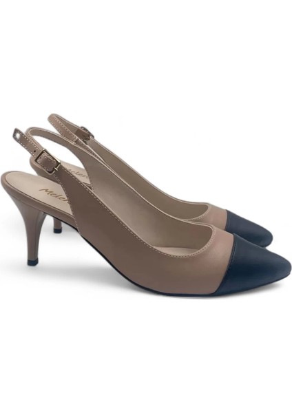 Glamora Bej-Siyah Kadın Rahat Kısa Stiletto Topuklu Ayakkabı
