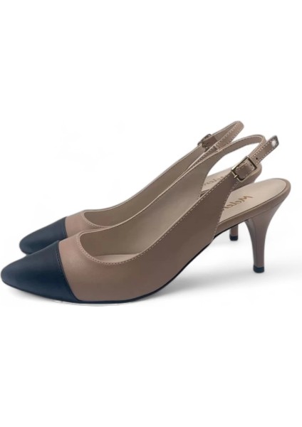 Glamora Bej-Siyah Kadın Rahat Kısa Stiletto Topuklu Ayakkabı modelleri