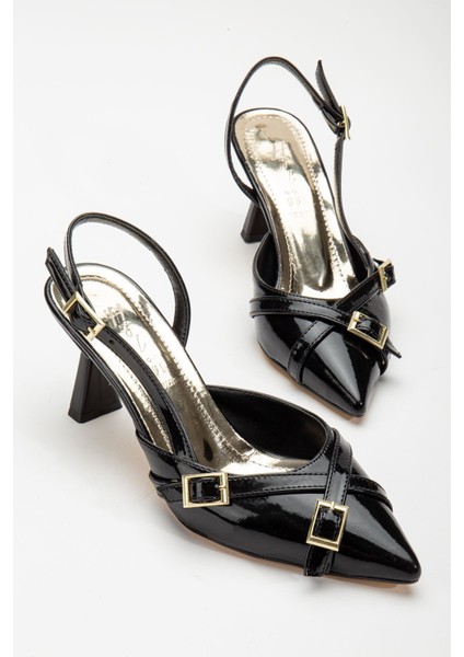 Mary Jane Siyah Arkası Açık Sivri Burunlu Kadın Topuklu Ayakkabı