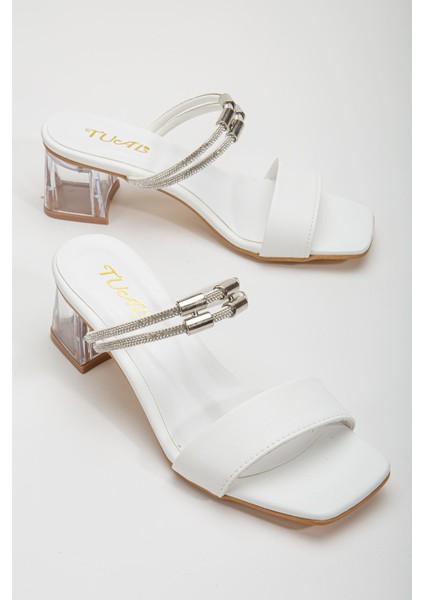 Lissen Beyaz Tek Bantlı Taşlı Cilt Alçak Topuklu Ayakkabı
